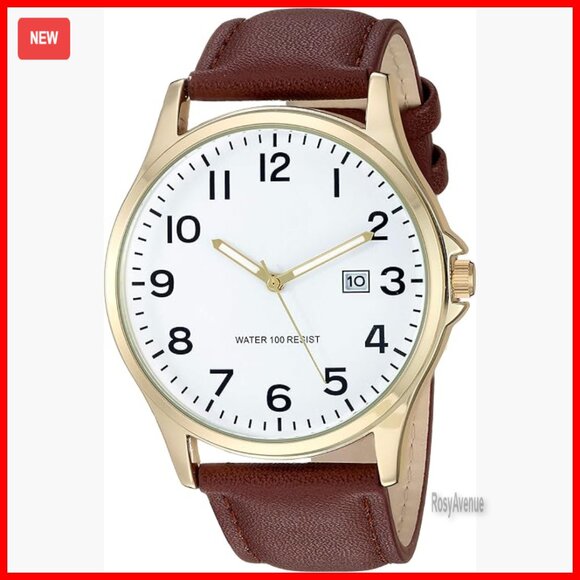 Men's 42mm Analog Watch Brown Leather Band Date Window Water Resistant